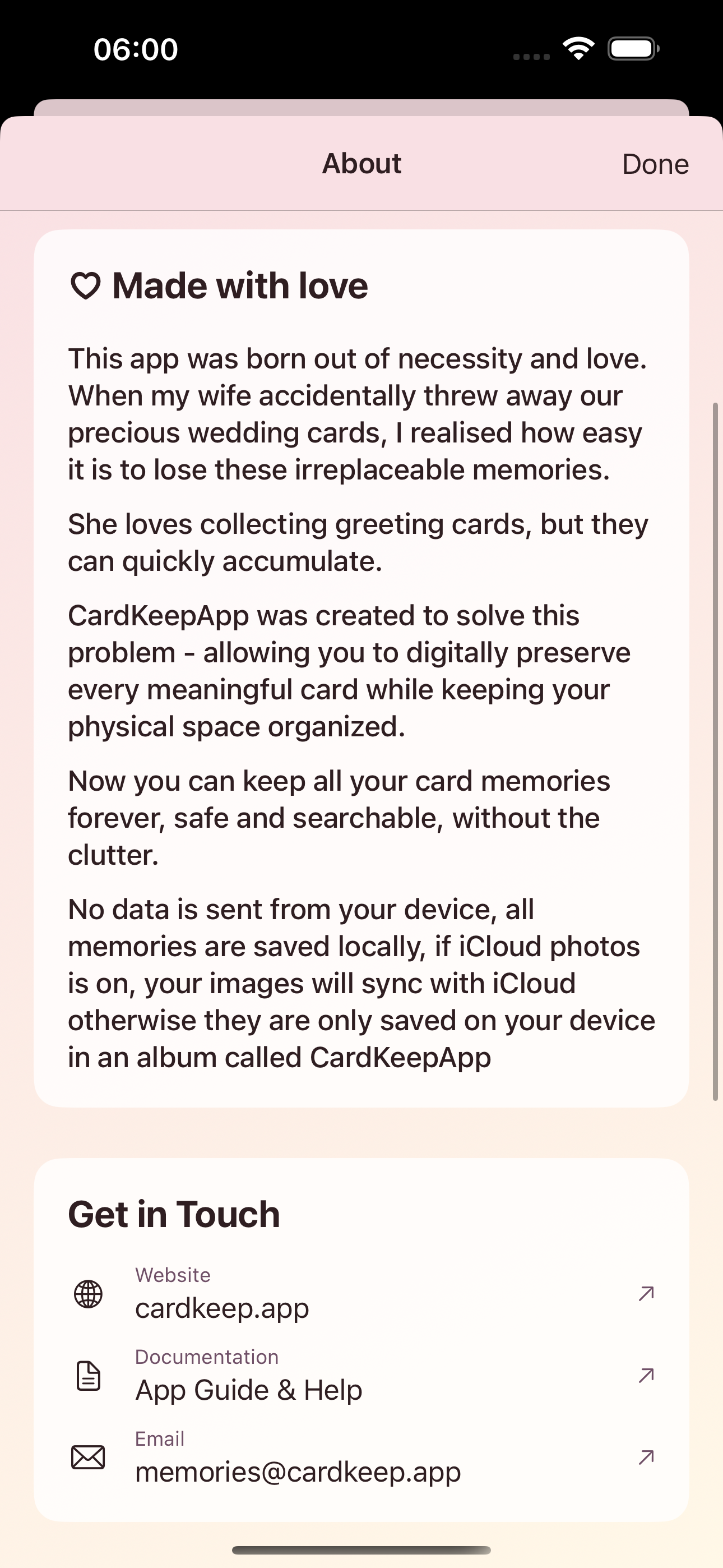 CardKeepApp v1.3.0 about page showing app information and version details