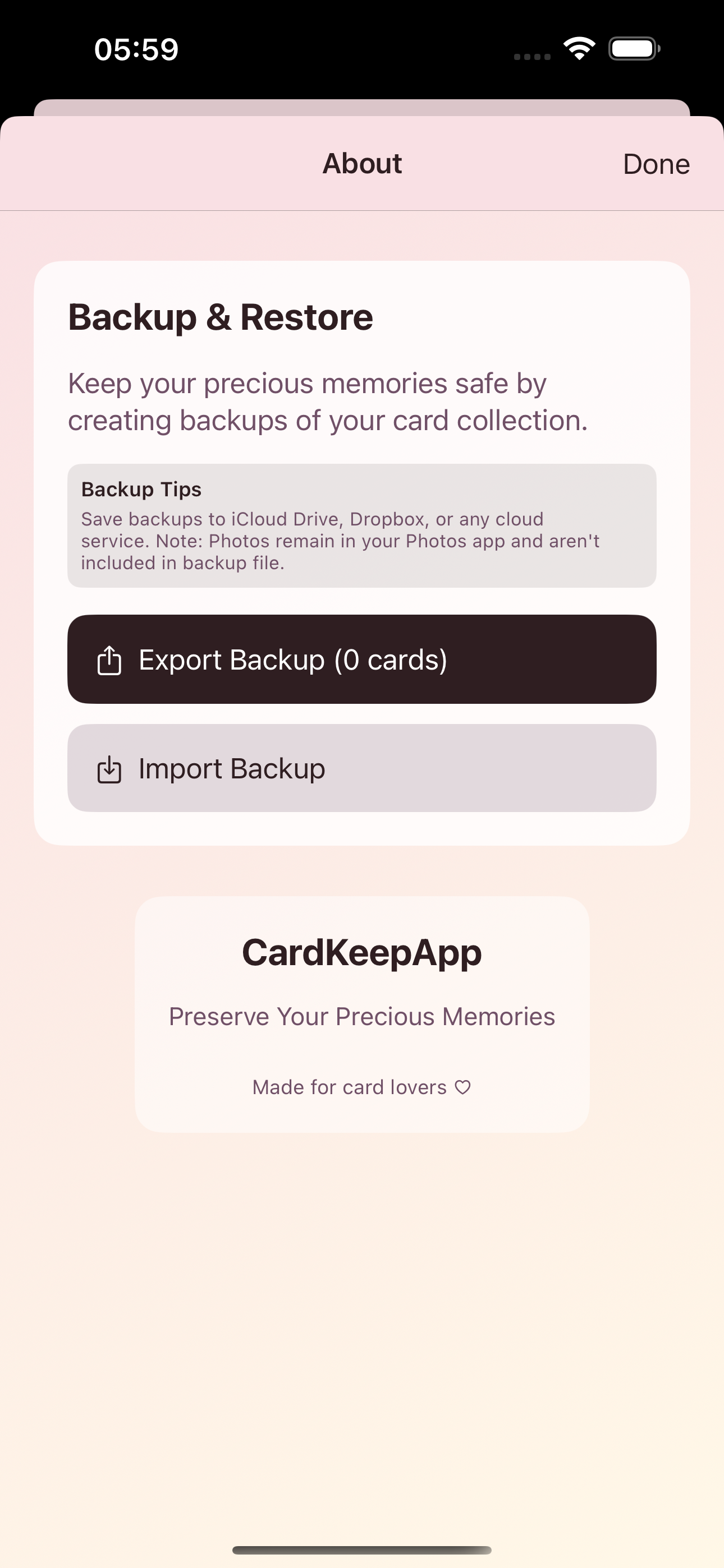 CardKeepApp v1.3.0 dual backup system showing Quick and Complete backup options