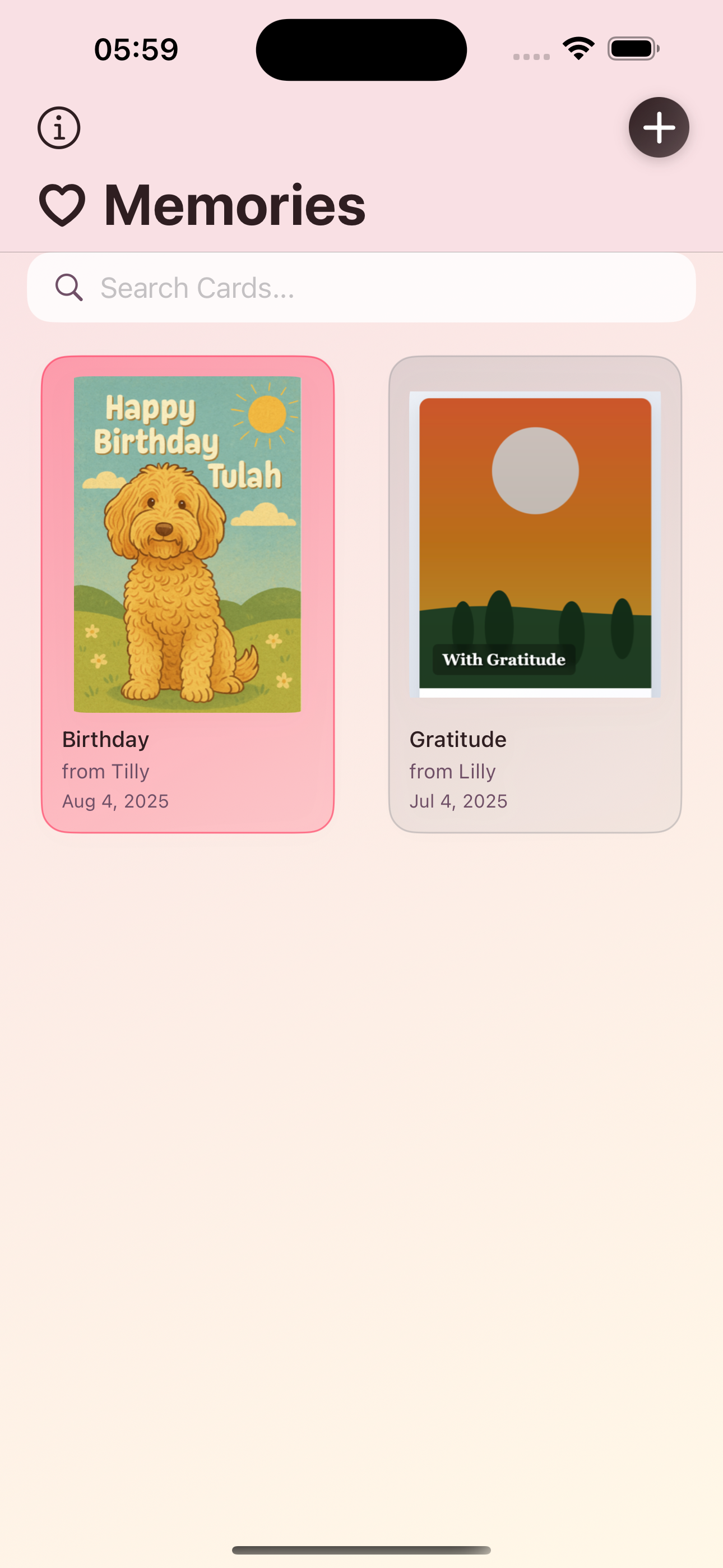 CardKeepApp v1.3.0 card collection view displaying saved birthday and greeting cards in an elegant grid layout