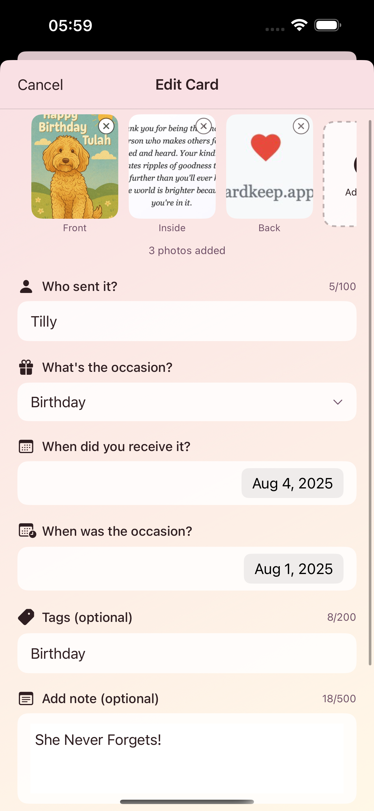 CardKeepApp v1.3.0 card editing interface for modifying card details