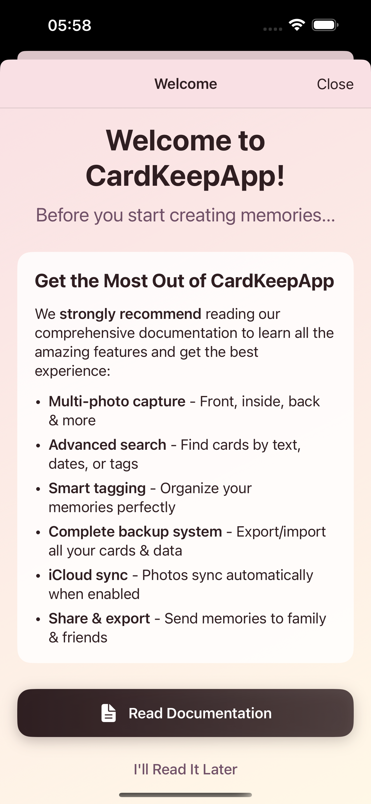 CardKeepApp v1.3.0 Your Memory Box welcome screen with Add New Card and Import Previous Backup options
