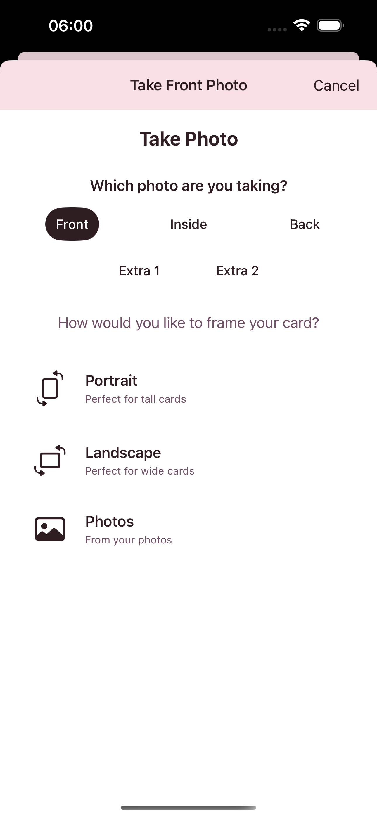 CardKeepApp v1.3.0 photo selection screen with camera and photo library options for choosing card photos