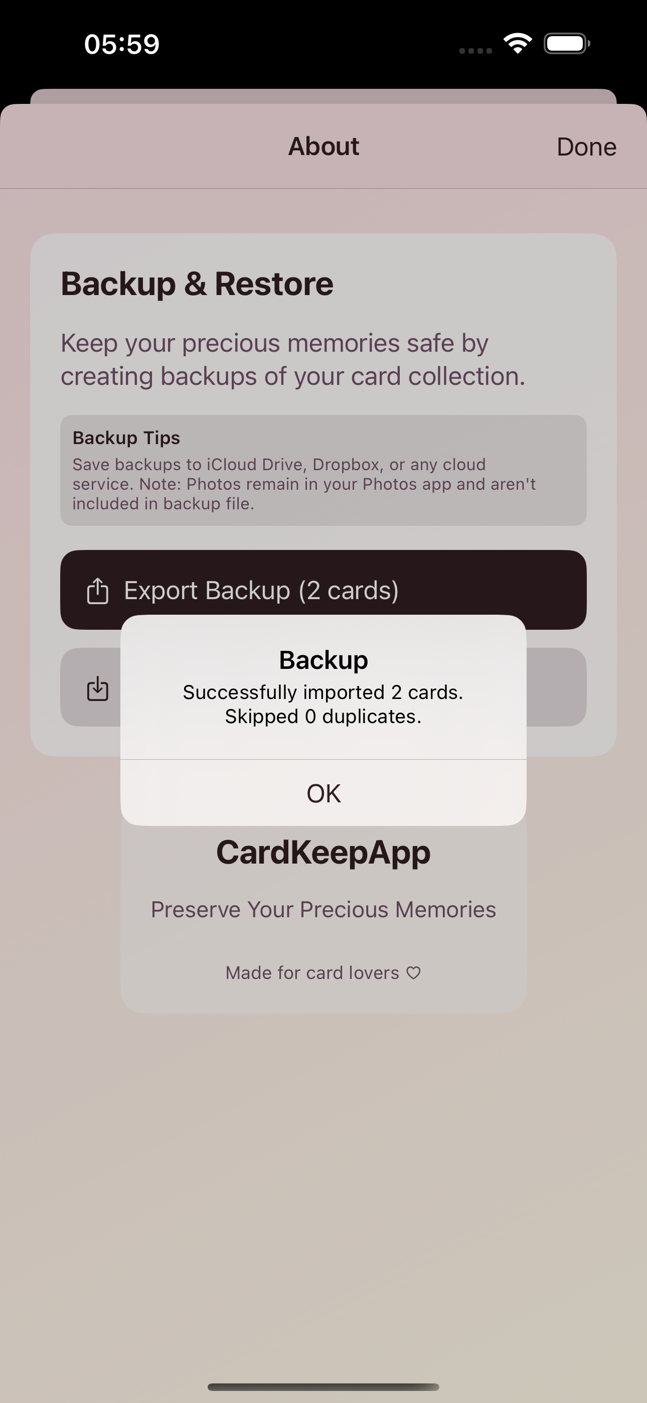 CardKeepApp v1.3.0 successful backup import confirmation screen